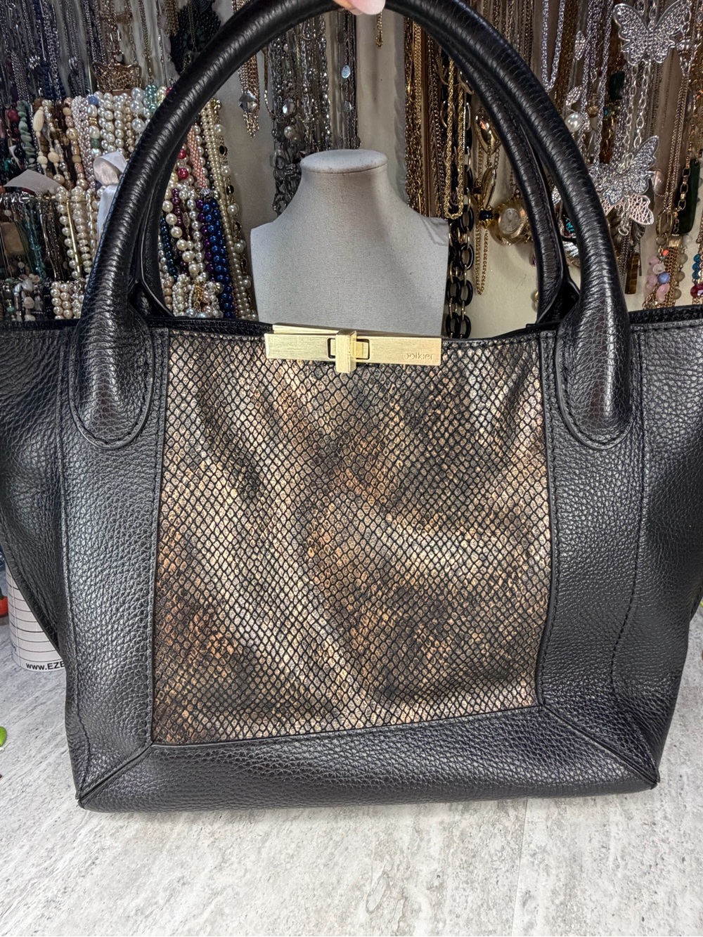 Botkier Leather Purse Snakeskin Print Brass Hardware Bag Shoulder Strap Black